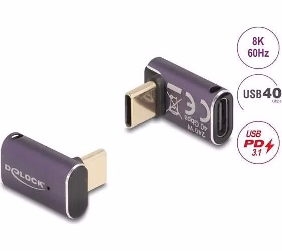 Delock USB Adaptér 40 Gbps USB Type-C™ PD 3.1 240 W samec na samice pravoúhlý 8K 60 Hz kovová