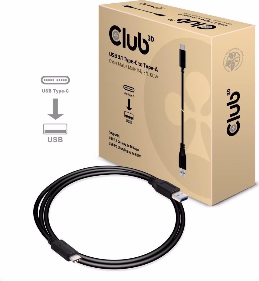 Kábel USB Club3D 3.1 Type-C na USB 3.1 Typ A, 10Gbps Power Delivery 60W (M/M), 1m