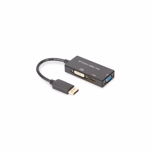Digitus DisplayPort Kabelový převodník, DP - HDMI+DVI+VGA M-F/F/F, 0,2 m, multimediální kabel 3v1, CE, zlato, bl