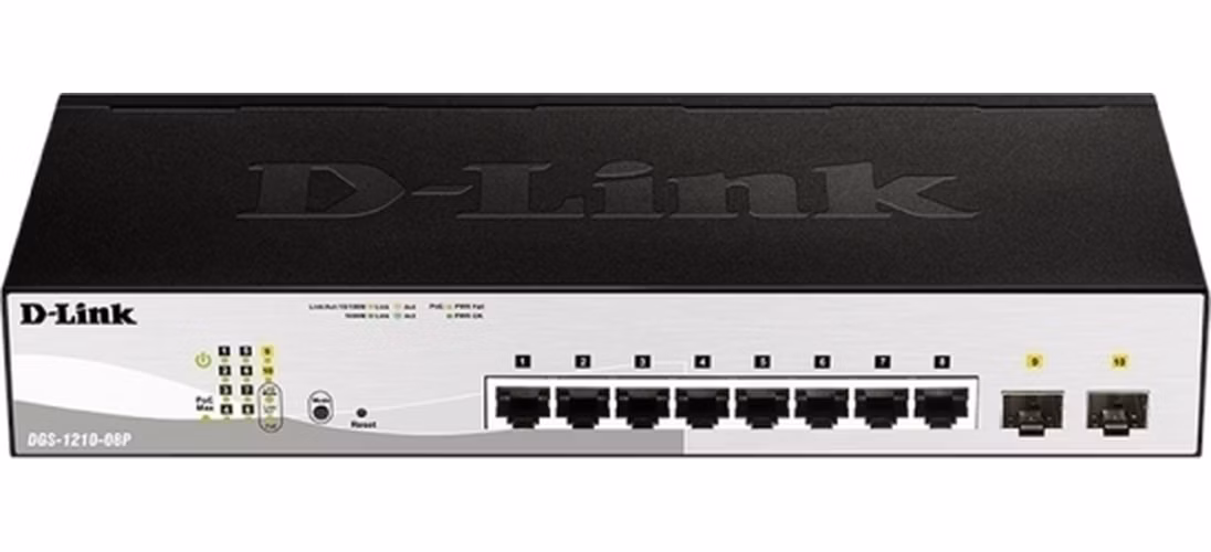 D-Link DGS-1210-08P 10-portový gigabitový inteligentný PoE switch, 8x GbE PoE+, 2x SFP, PoE 65W, bez ventilátora