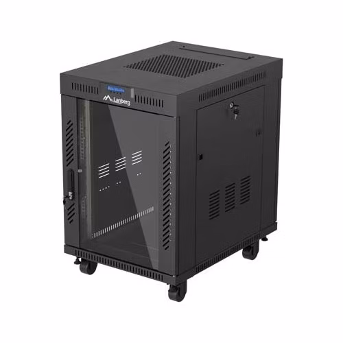 LANBERG Volně stojící skříň 19" 15U/600x800 (v rozloženém stavu) skleněné dveře LCD černá (RAL9004)