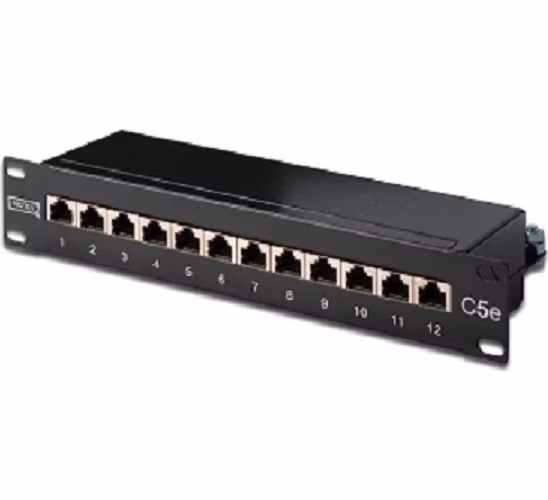 Digitus CAT 5e, patch panel třídy D, stíněný, 12 portů RJ45 8P8C, LSA, 1U, 254 mm (10 "), montáž do stojanu, černá