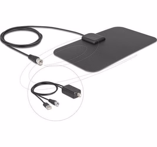 Delock Aktivní všesměrová DAB+ DVB-T2 anténa F, zástrčka, 5 - 25 dB, černá, s lepicí montáží