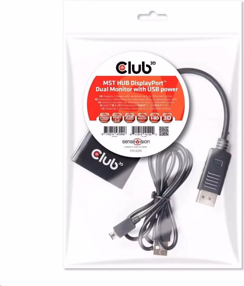 Club3D Video hub MST (Multi Stream Transport) DisplayPort na 2x DisplayPort, napájanie USB