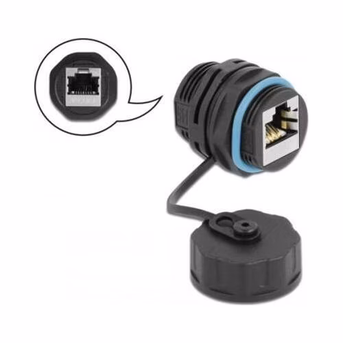 Delock Konektor kabelu ze zásuvkového RJ45 na zásuvkový RJ45, kategorie 6A s ochranným víčkem, vodotěsný