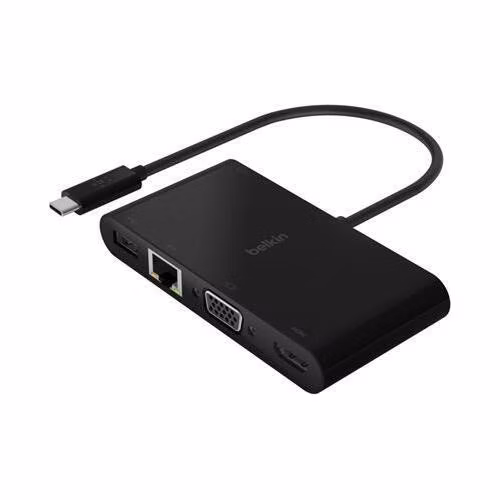 Belkin USB-C multimediální adaptér na HDMI, VGA, RJ45, USB-A 3.0 , až 100W napájení Power Delivery, černá