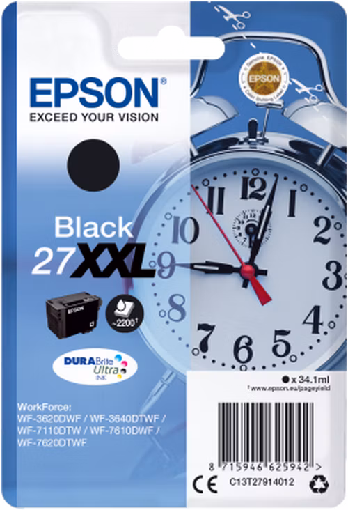 Epson inkoustová náplň/ T2791/ Singlepack 27 XXL DURABrite Ultra Ink/ WF-3620DWF/ XXL Černá