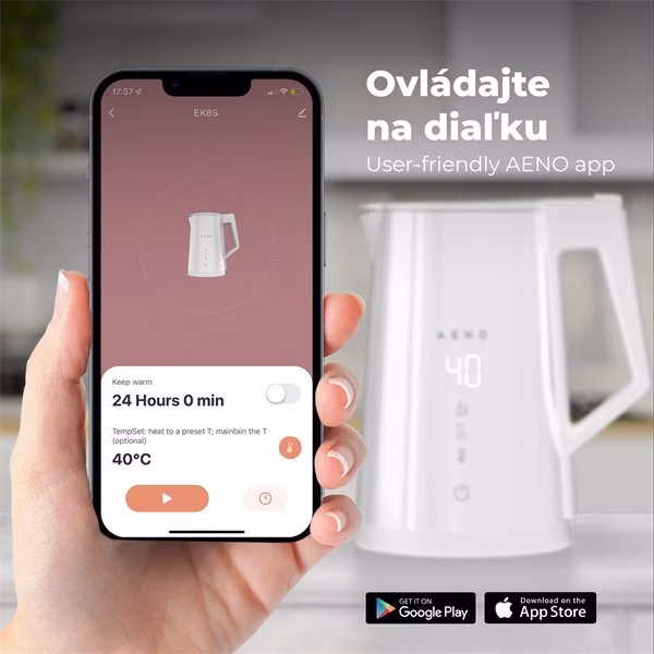 AENO Rýchlovarná smart kanvica EK8S biela, 2200W,1,7 l,Strix,dvojité steny,regulácia teploty,WiFi, LEDdisplej,auto vyp