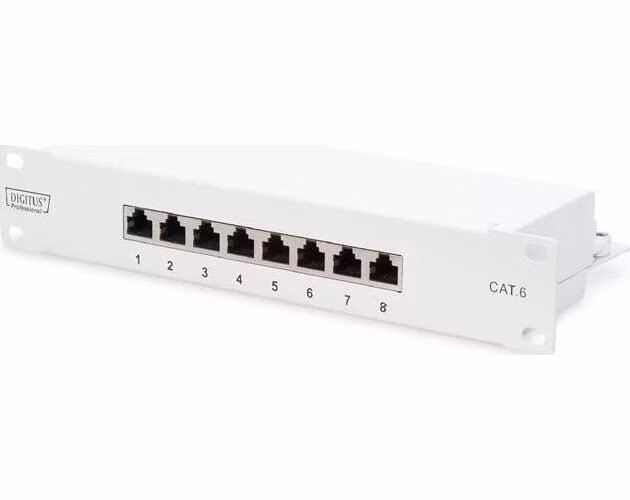 DIGITUS CAT 6 patch panel, stíněný, 8 portů RJ45 8P8C, LSA, 1U, 254 mm (10 ") Rack Mount, šedá