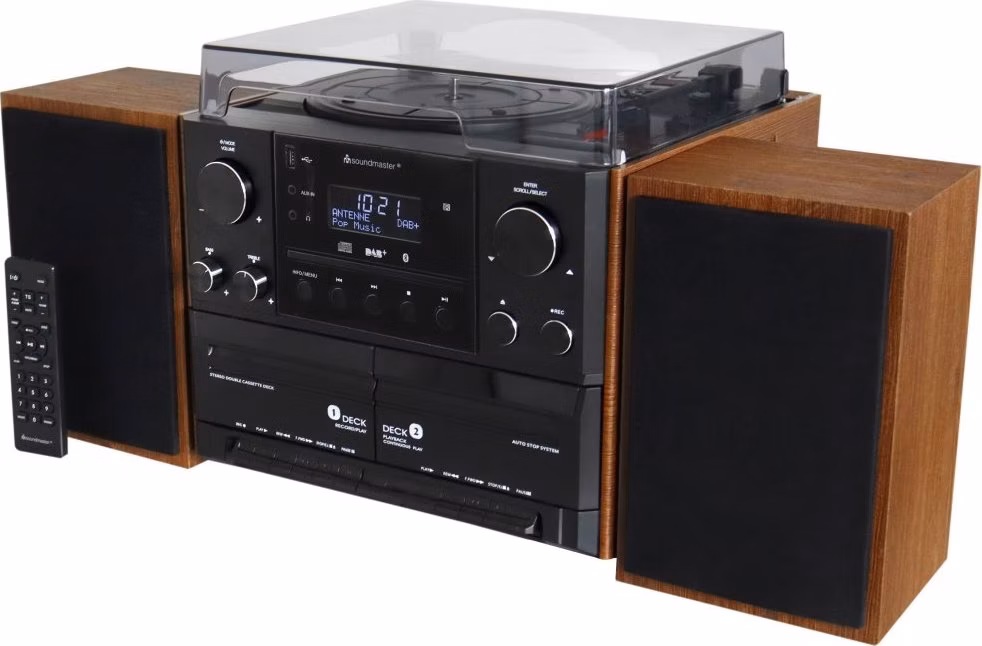 ROZBALENÉ - Soundmaster Elite line MCD5600BR/ Gramofon/ CD/ 2x kazeta/ BT/ DAB+/ MP3/ 2x5W/ Hnědo-černá