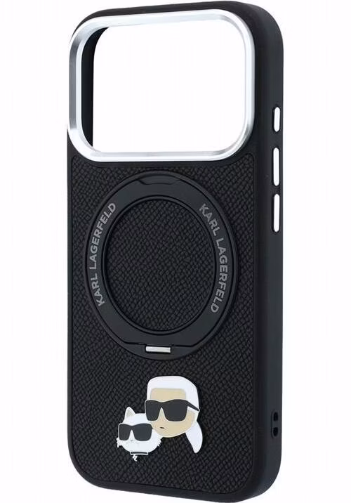 Karl Lagerfeld PU Grained K&amp;CH Heads Ring Stand Magsafe kryt iPhone 18 Pro čierny