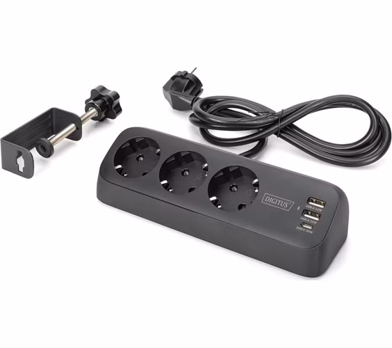 DIGITUS 3cestný kancelářský prodlužovací kabel s 2x USB-A a 1x USB-C porty, černý