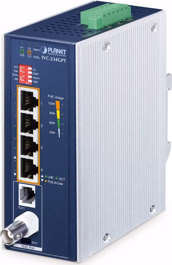 Planet IVC-234GPT, VDSL2 průmyslový ethernet konvertor, 4x 1Gb 802.at PoE+, profil 17a/30a/35b,G.993.5 G.Vectoring,G.INP