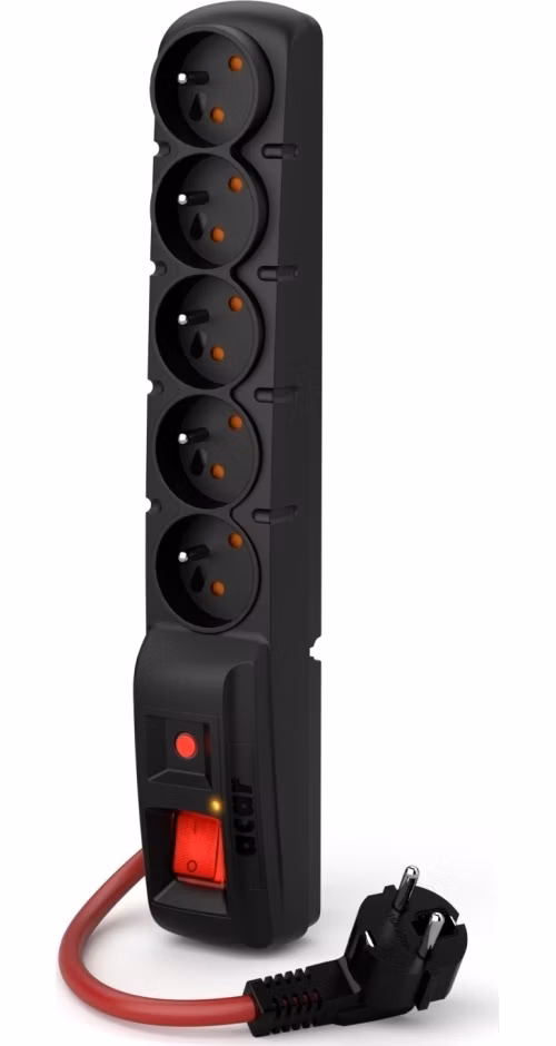 Acar F5 1.5m kabel, 5 zásuvek, přepěťová ochrana, max.proud 16A, černý