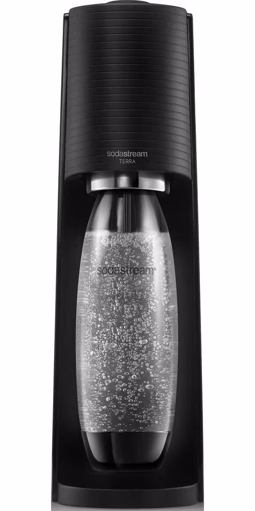 SodaStream Terra Black výrobník sody, mechanický, 1l láhev SodaStream Fuse, bombička s CO2, černý