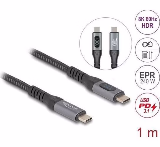 Delock Datový a rychlonabíjecí koaxiální kabel USB 40 Gbps, 1 m, 8K 60 Hz, USB PD 3.1, rozšířený rozsah výkonu, 240 W