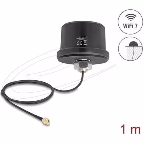Delock WiFi 7 Anténa RP-SMA samec 3,1 - 3,5 dBi všesměrová, připojovací kabel ULA100 1 m střešní montáž venkovní černá