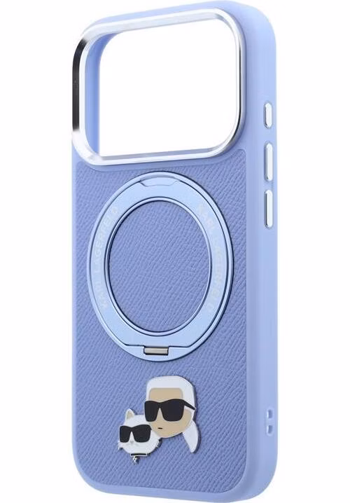 Karl Lagerfeld PU Grained K&amp;CH Heads Ring Stand Magsafe kryt iPhone 18 Pro modrý