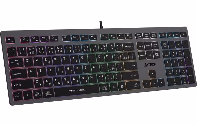 A4tech Klávesnice FX60, Podsvícená barevná, USB, CZ, šedá