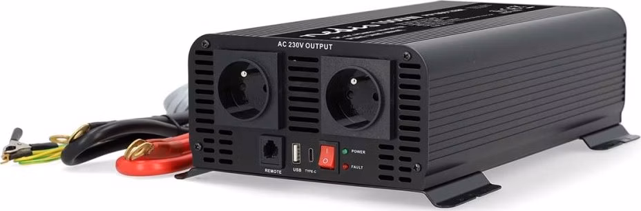 NEDIS měnič napětí/ čistá sinusoida/ 12 V DC/230 V AC 50 Hz/ 1000 W (2000 W špička)/ USB-A / USB-C/ 2x zásuvka typu E