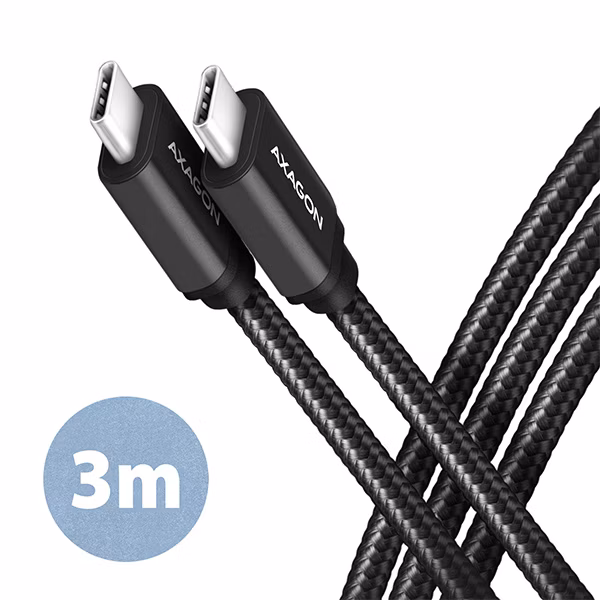 AXAGON datový a nabíjecí kabel SPEED USB-C na USB-C / USB 3.2 Gen1 / PD 60W 3A / ALU / oplet / 3m / černý
