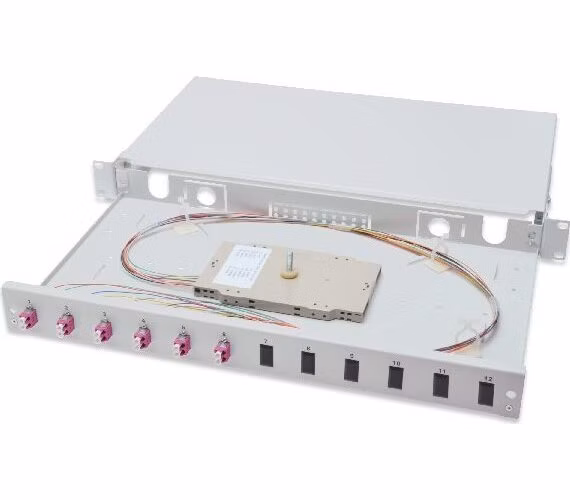 Digitus Fiber Optic Sliding Splice Box, 1U, Equipped 6x LC duplex, incl. M 25 Screw, Splice Cassette OM4 Color Pigtails, Adapter