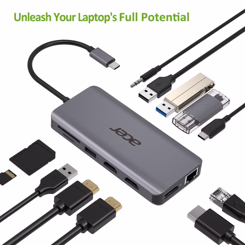 ACER 12v1 docking station/dongle USB-C: 2×USB3.2, 2×USB2.0, čtečka 1×SD/TF 2×HDMI,1×PowerDelivery,1×DP,1×RJ45,1×3.5 Audio