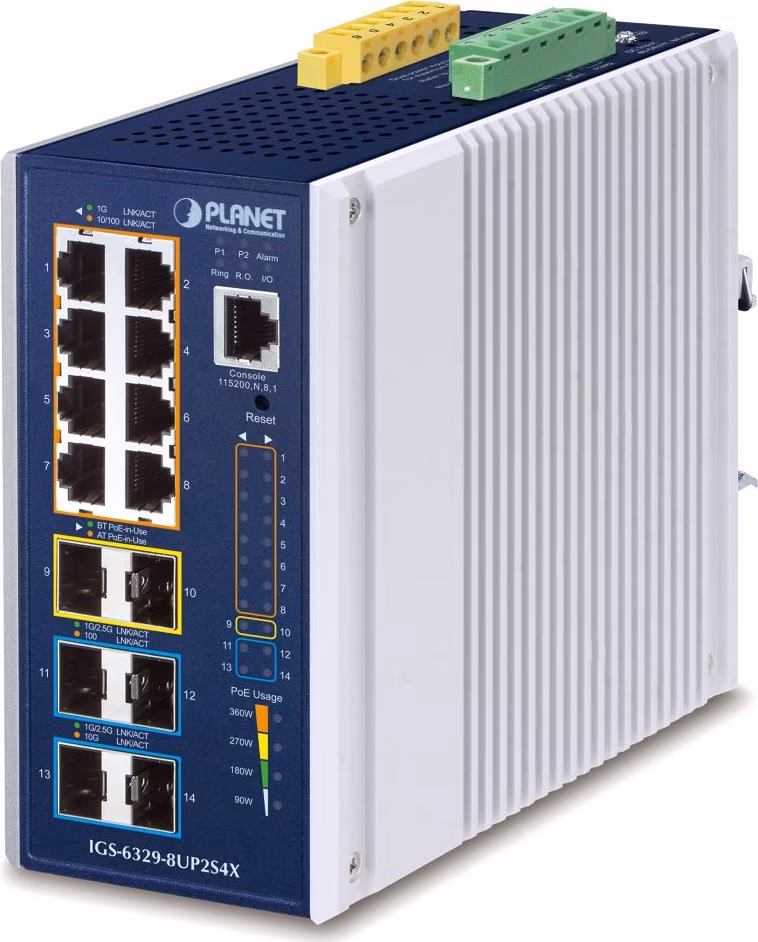 Planet IGS-6329-8UP2S4X průmyslový L3 switch, 8x1Gb, 2x2.5Gb SFP, 4x10Gb SFP+, PoE 802.3bt 360W, 48-54VDC, -40~75°C