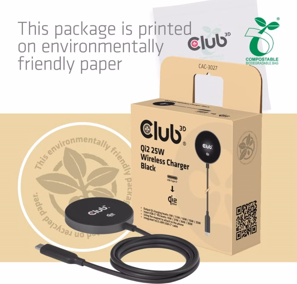 Club3D Bezdrátová nabíječka, 1x Qi2 25W, MagSafe, Qi certifikováno, černá