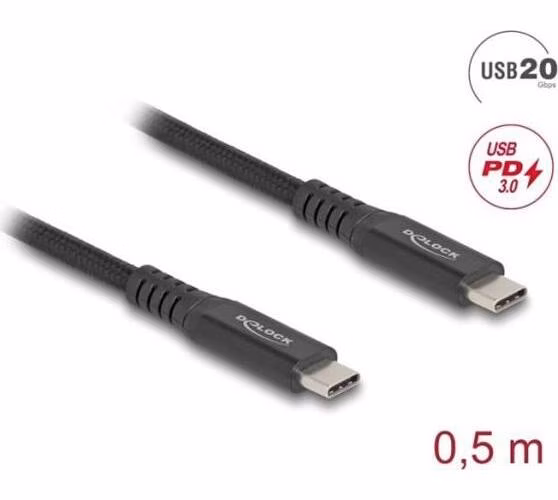 Delock USB 20 Gbps kabel USB Type-C™ samec na samec PD 3.0 100 W E-Marker 0,5 m černý kov