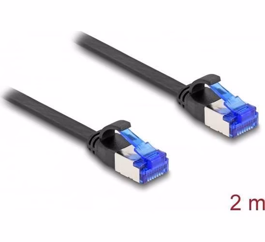 Delock RJ45 Plochý spojovací kabel ze zástrčky na zástrčku, Cat.6A, ohebný, 2 m, černý