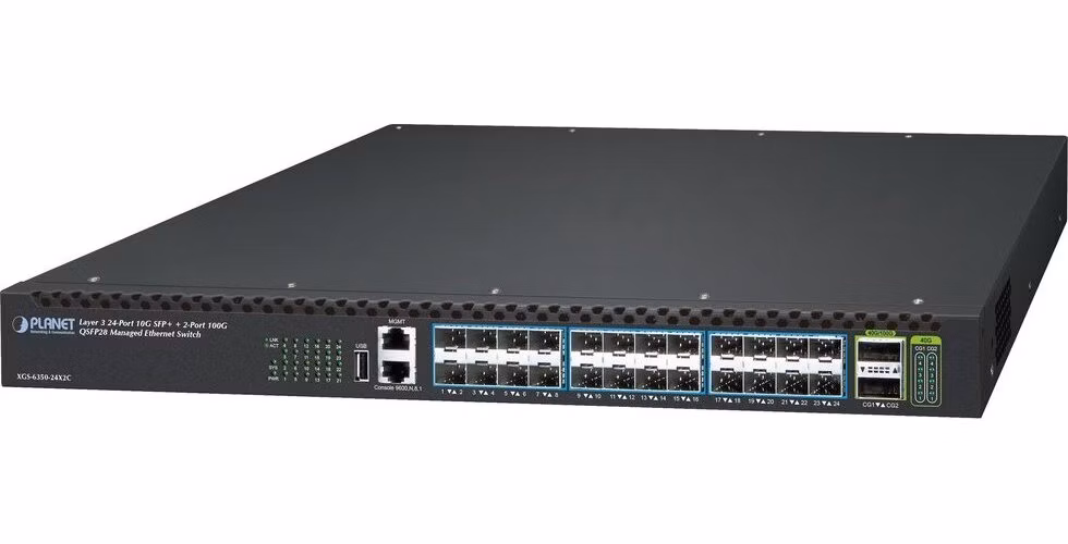 Planet XGS-6350-24X2C L3 switch, 24x10G SFP+, 2x100Gb QSFP28, QoS, 2x power-in