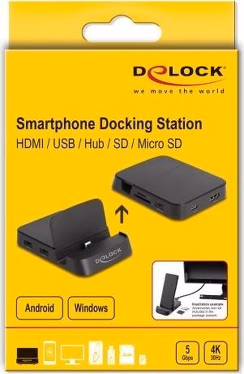 Delock Dokovací stanice na chytré telefony s rozlišením 4K a s integrovaným držákem — HDMI, USB, Hub, SD a Micro SD