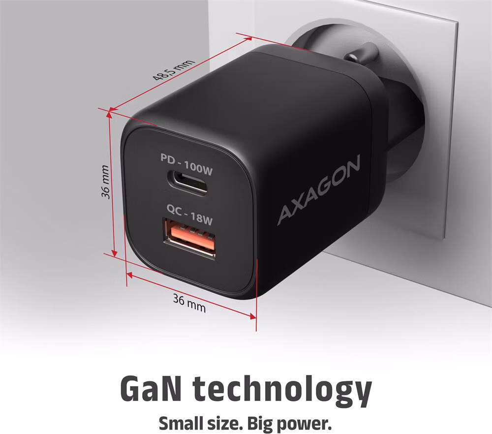 AXAGON ACU-PQ100, GaN nabíjačka do siete 100W, USB-A+USB-C, PD3.0/PPS/QC4+/SFC2.0/Apple, čierna