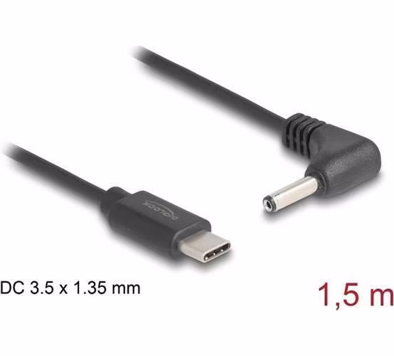 Delock Napájecí kabel z konektoru USB Type-C™ na stejnosměrný konektor 3,5 x 1,35 mm, pravoúhlý, 1,5 m