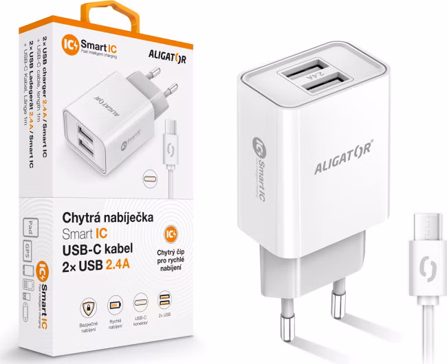 Múdra sieťová nabíjačka ALIGATOR 2,4A, 2xUSB, smart IC, biela, USB-C kábel