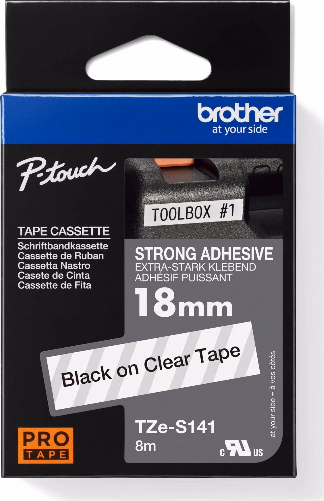 BROTHER TZES141 - kazeta TZ so šírkou 18 mm, extrémne priľnavý laminát TZE-S141, priesvitné/čierne písmo