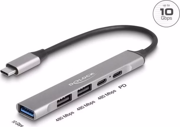 Delock 4-portový tenký Hub USB Type-C™ mající 1 x USB 10 Gbps Typ-A + 2 x USB 2.0 Typ-A + 1 x USB 2.0 USB Type-C™ a PD 9