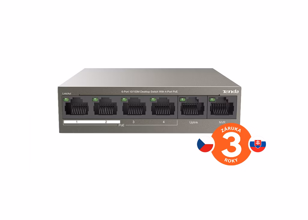 Tenda TEF1106P-4-63W PoE AT switch 4x PoE 802.3af/at, 6x 100Mb/s, PoE celkom 63W, fanless, PoE+