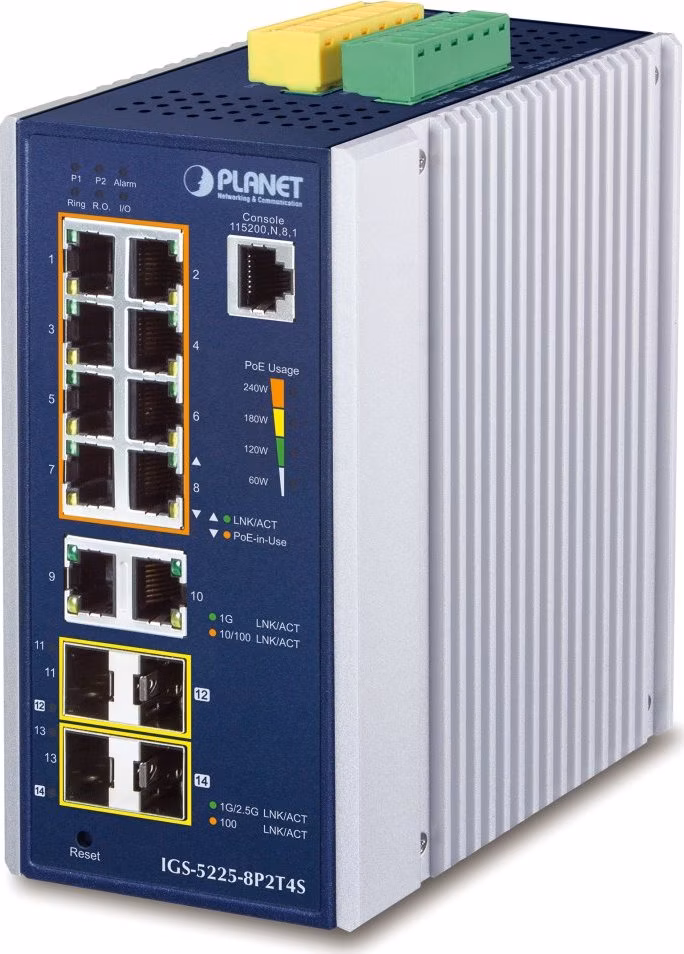 Planet IGS-5225-8P2T4S průmyslový L3 switch, 8x1Gb, 2x1Gb SFP, 2x2.5Gb SFP, 8x PoE 802.3at 240W, dual 48-54VDC, -40~75°C