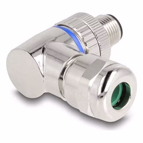 Delock A-kódovaný 3 pinový zástrčkový konektor M12 pro šroubové připojení montáž 90° pravoúhlý kovová