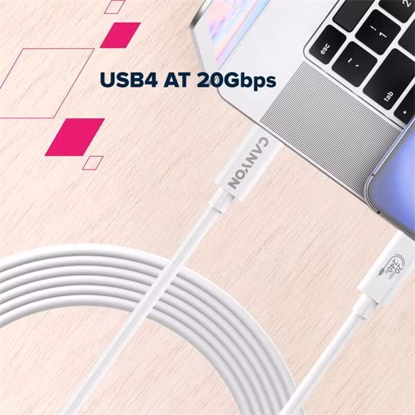 Canyon OnWire 240, 2 m, nabíjací a dátový kábel USB-C / USB-C, USB4, 240 W PD, 20 Gb/s, TPE, biely