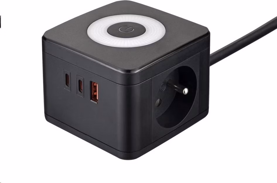 Viking síťový adaptér YC23L, 2x 230 V, 1x USB-A, 2x USB-C, dotykové světlo, délka 1,4 m, černá