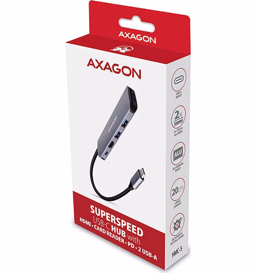 AXAGON HMC-5, USB 3.rozbočovač 2. generácie, 2x porty USB-A, HDMI, slot SD/microSD, 100W PD, 20cm kábel USB-C
