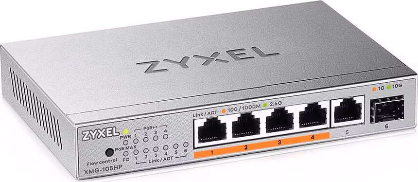 Zyxel XMG-105HP 5 Ports 2,5G + 1 SFP+, 4 ports 70W total PoE++ Desktop MultiGig unmanaged Switch