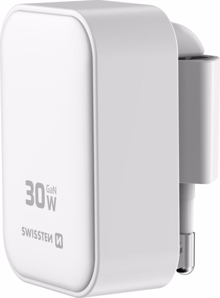 Swissten Skládací síťový adaptér FoldCharge GaN 1× USB-C 30 W + 1× USB-A 18 W QC bílý