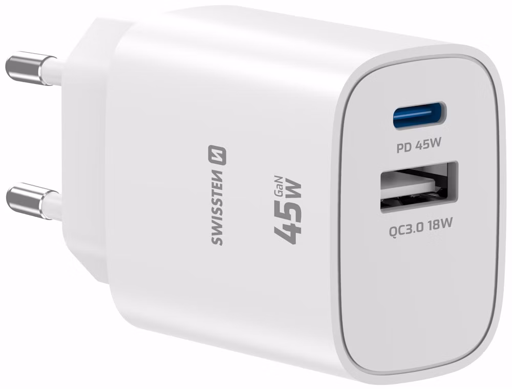 Swissten Síťový Adaptér Edge GaN 1x USB-C PD 45W + 1x USB-A 18W QC Bílý
