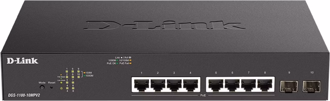 D-Link DGS-1100-10MPV2, 8x 1000Base-T 802.3af/802.3at PoE, 2x SFP, 130W PoE budget