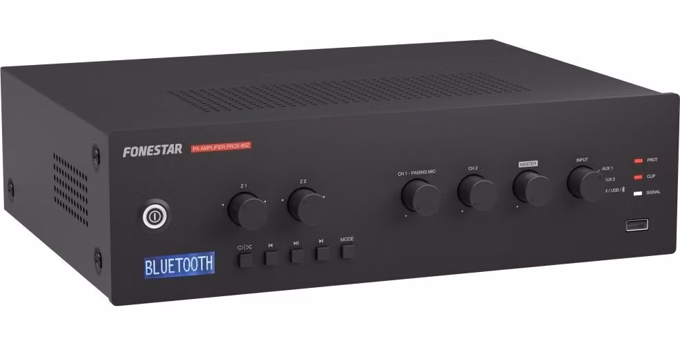 Fonestar PROX-60Z 2-zónová 100V ústředna 60W, BT/USB/FM, 2× Mic/Line + Phantom, nouzový 100V vstup