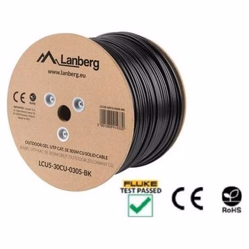 LANBERG LAN KABEL CAT.5E UTP 305M PEVNÝ VENKOVNÍ KABEL S GELOVOU VÝPLNÍ CU ČERNÝ FLUKE PASS